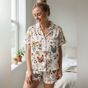 SheShow Satin Pajama Set Floral Chicken Print Button Up Top Shorts NWT